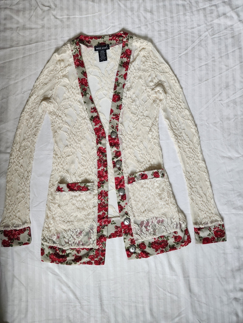 Wet Seal Cream Lace Cardigan with Red Floral Trim Accents